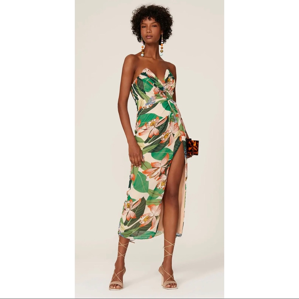 Katie May Come on Home Strapless Sheath Dress in Green Floral Print